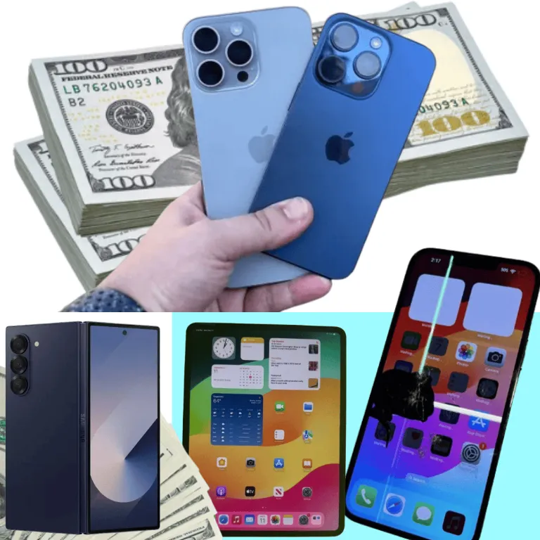 Collage of sealed phones used phones locked phones cracked phones and damaged phones that The Carolina Phone Buyer purchases for cash in Charlotte