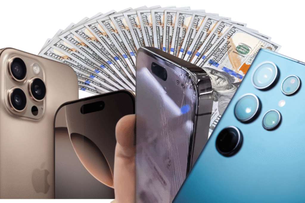 Customer selling iPhones for same day cash in Charlotte with The Carolina Phone Buyer showing smartphones and money