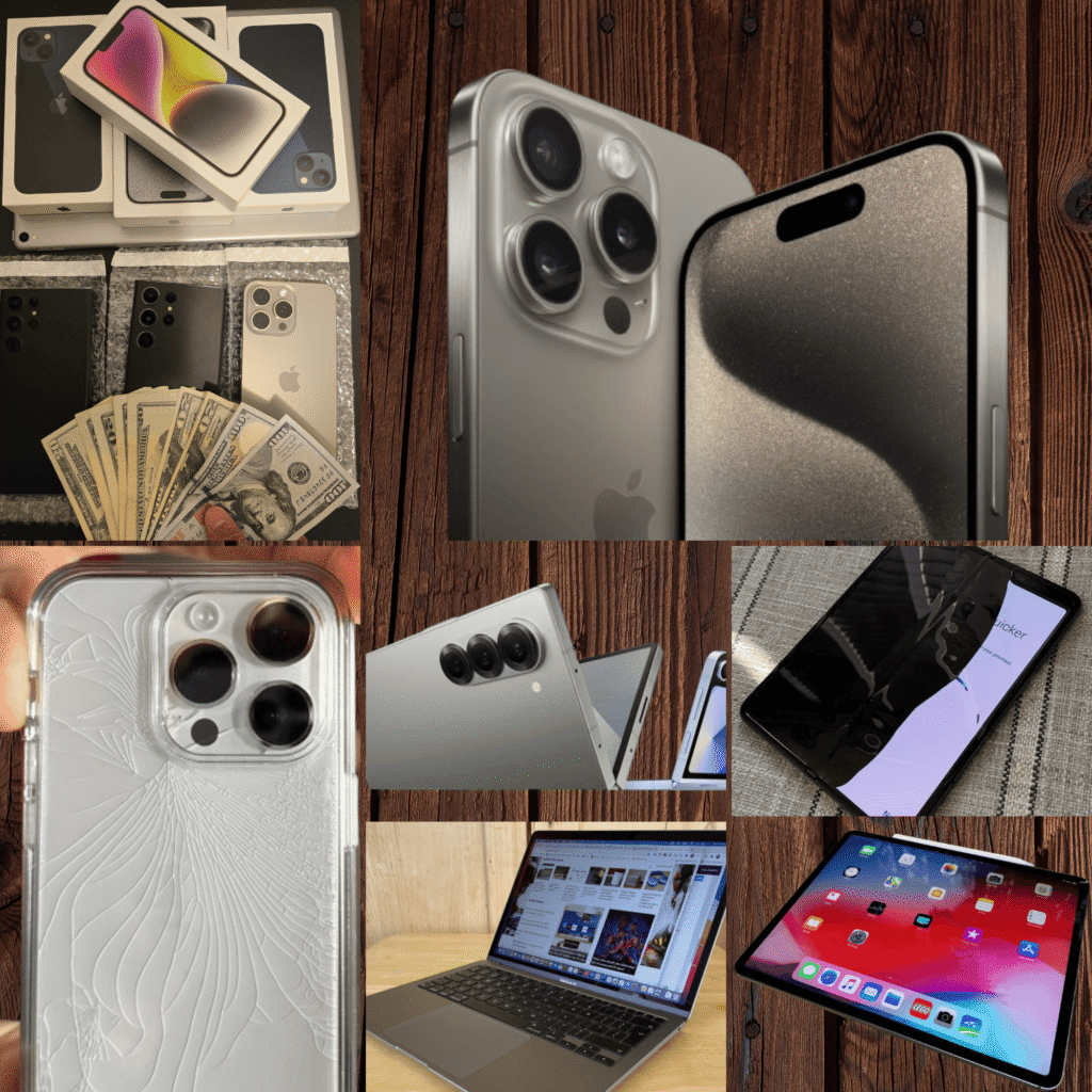 Collage of iPhones MacBooks iPads Android phones and electronics that The Carolina Phone Buyer purchases for same day cash in Charlotte