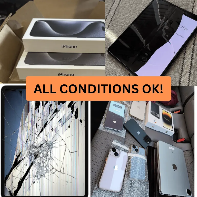 Collage of boxed iPhones cracked phones damaged screens and mixed electronics showing that The Carolina Phone Buyer buys devices in any condition in Charlotte